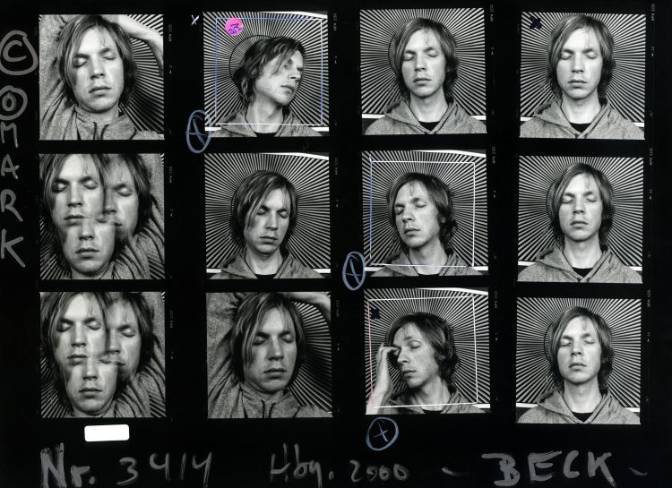 Contact sheet with multiple close-up portraits of American musician Beck.