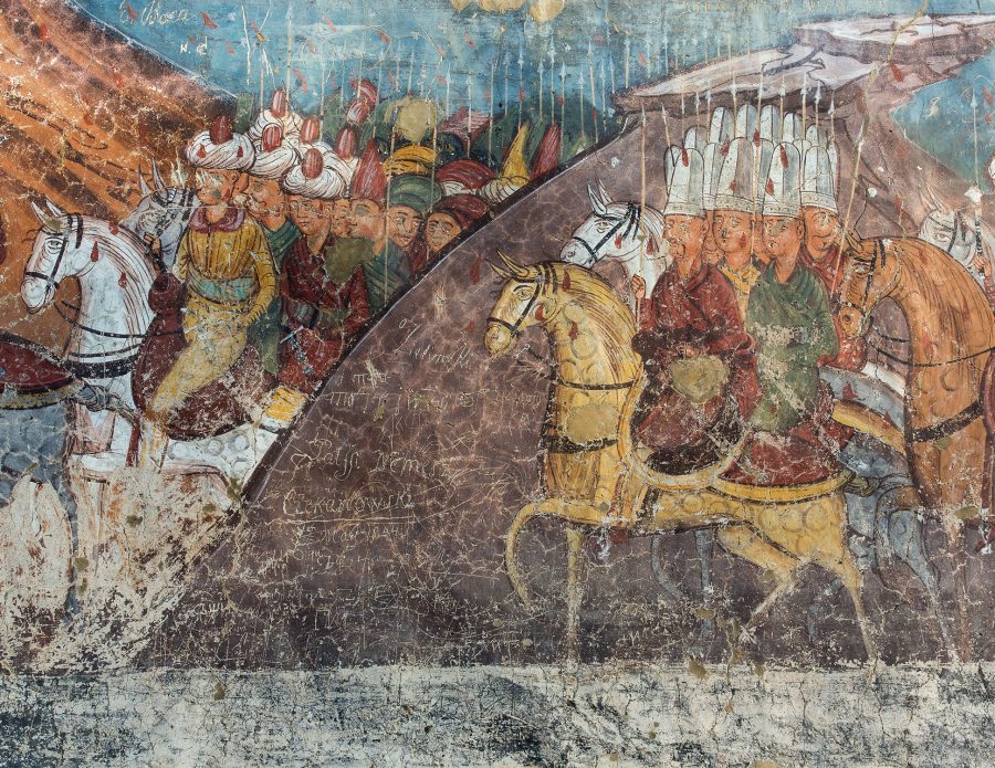 16th century frescoes on the wall of the Moldovița Monastery.