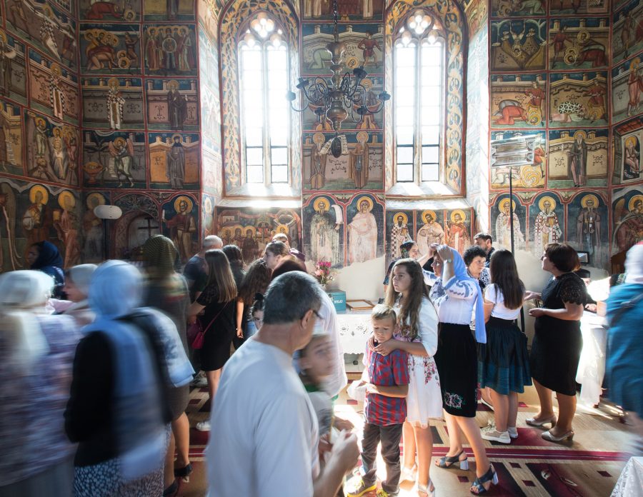 Believers going to church in Romanian Orthodox Moldovita.