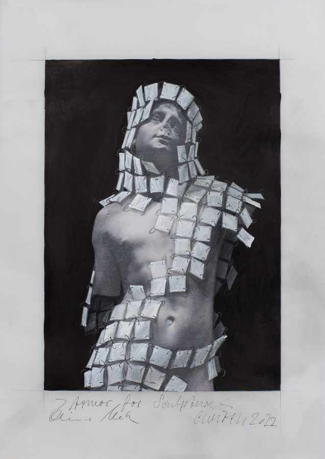 Carsten Wirth / Oliver Mark, "Armor for Sculpture" 41,8 x 29,7 cm Drawing on Parchment paper on Photography.