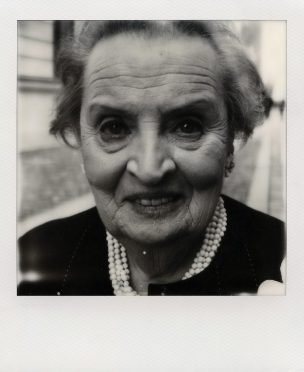 Black and white Polaroid close up of Madeleine Albright