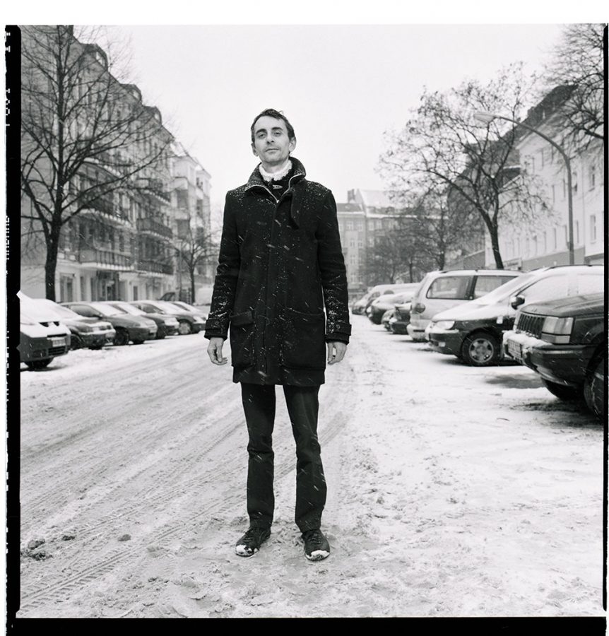 Saâdane Afif is standing on a snowy street in Berlin.