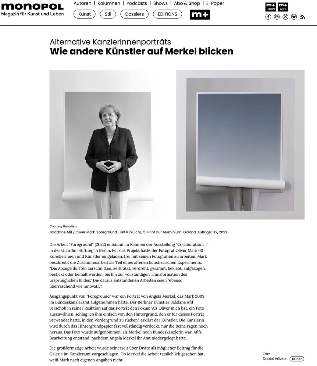 Alternative Kanzlerinnenporträts Wie andere Künstler auf Merkel blicken. Monopol Magazin Juli 2026. Saâdane Afif / Oliver Mark "Foreground", 140 × 120 cm, C-Print auf Aluminium-Dibond, Auflage: 1/2, 2022.