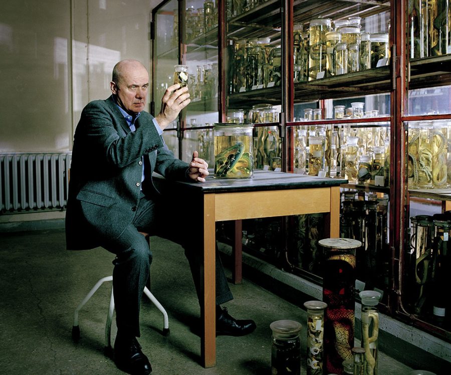 Hanns Zischler sitting by a glass cabinet with alcohol-preserved animal specimens. He holds one jar in his hand, examining it.