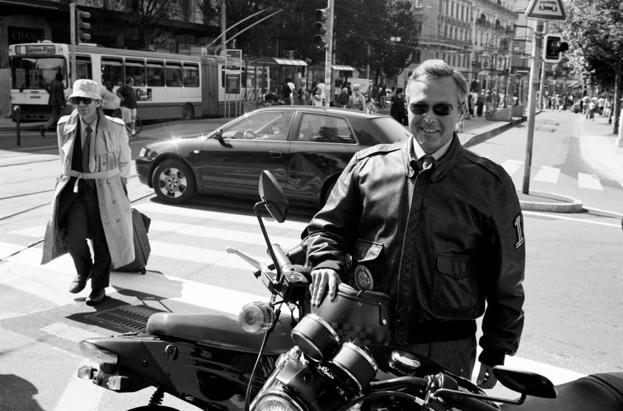 Portrait of Karl-Friedrich Scheufele in front of his Harley Davidson.