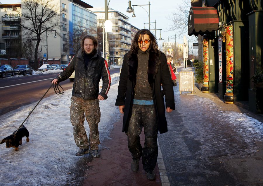 The artists Ludwig Kreutzer and Armin Boehm taking the dog for a walk in snowy Berlin.
