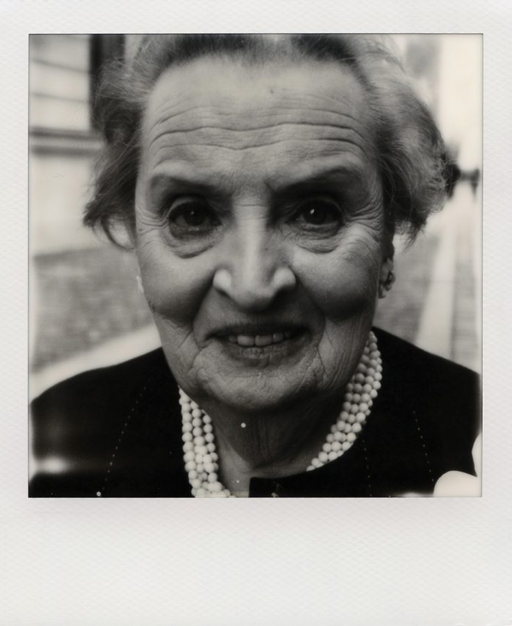 black and white Polaroid close up of Madeleine Albright.