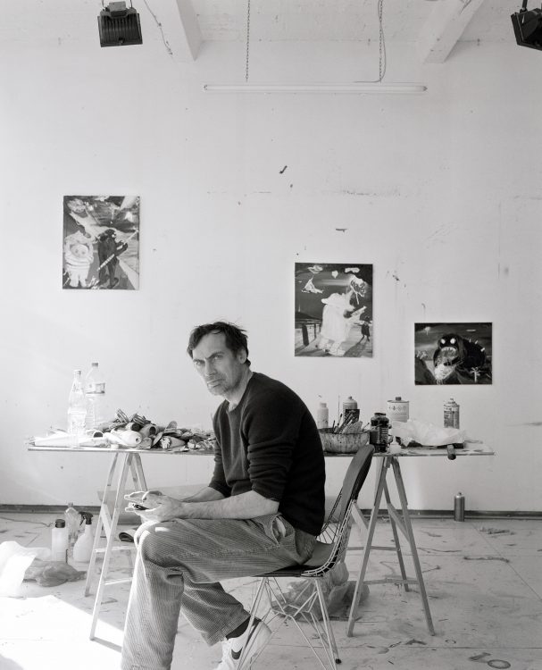 bnw photo of The artist Philip Grözinger in his Berlin studio.